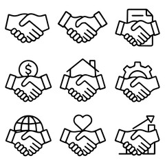 Diverse Handshake Icons Representing Agreements Partnerships and Various Concepts.