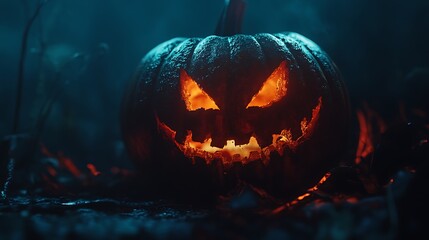 Fototapeta premium Glowing Jack O Lantern in the dark with eerie expression