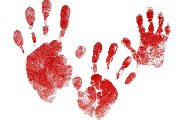 Two overlapping red handprints, childlike