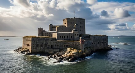 Historic Fort Boyard, an ancient stone fortress on a rocky island in the sea.
