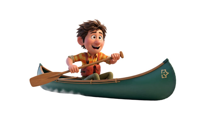 Animated chap joyfully paddling kayak through waterways against dark abyss