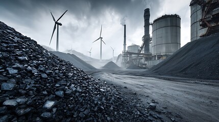 Contrasting Energy Sources Coal Pile and Wind Turbines Industrial Setting