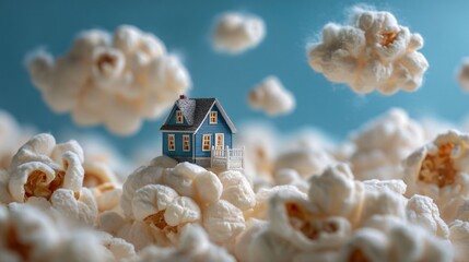 Creative layout: popcorn shaped into clouds floating above a tiny toy house