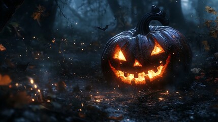 Naklejka premium Spooky pumpkin Jack O Lantern glowing with candlelight inside