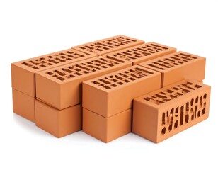 A stack of ten orange clay bricks with holes, set against a white background