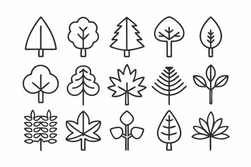 Minimalist Tree and Leaf Line Art Vector Icon Set  Modern Outline Nature Bundle