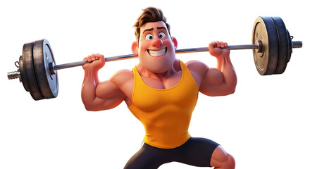 Cartoon man weightlifting with barbell in yellow tank top on dark background