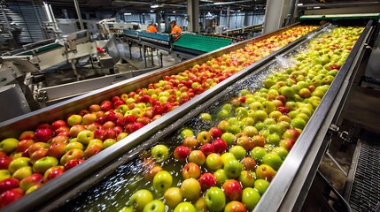 Apples on Conveyor Belt Undergoing Washing at Food Processing Plant