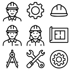 Engineering and Construction Icons Depicting Tools People and Designs.