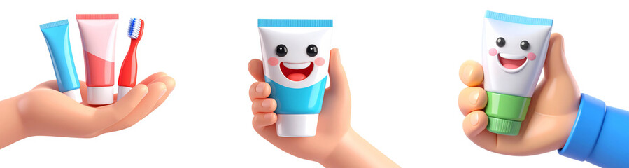 Toothpaste tube toothbrush and hand cartoon style smiling face dental care hygiene cheerful blue green red white isolated 3D illustration healthy teeth children fun