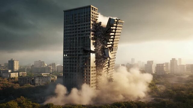 Urban Demolition: A dramatic scene of a skyscraper mid-implosion, spewing dust amidst an urban backdrop.
