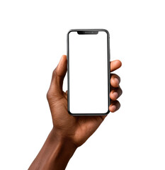 A hand holds a smartphone, screen blank