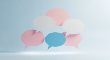 Colorful speech bubbles on a blue background, representing communication, ideas, and social interaction