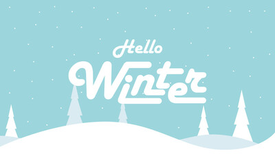 Happy Winter background. Hello Winter season. Cartoon Vector illustration Template for Poster, Banner, Greeting, Card, Flyer, Cover, Sale, Promotion. Snowfall, Snowy weather. welcome winter design.