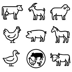 Farm Animals Line Art Cow Goat Sheep Chicken Pig Horse Duck and Symbol.