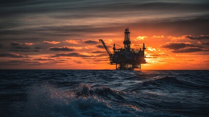 Offshore platform glows at sunset waves crash in the foreground dramatic sky Energy extraction in a captivating ocean vista
