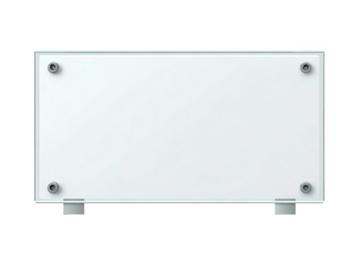 Rectangular, clear glass panel, mounted on a light gray metal frame, with four small, dark gray screws securing it to the frame