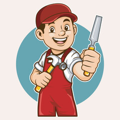 Cartoon Construction Worker with Hammer and Chisel