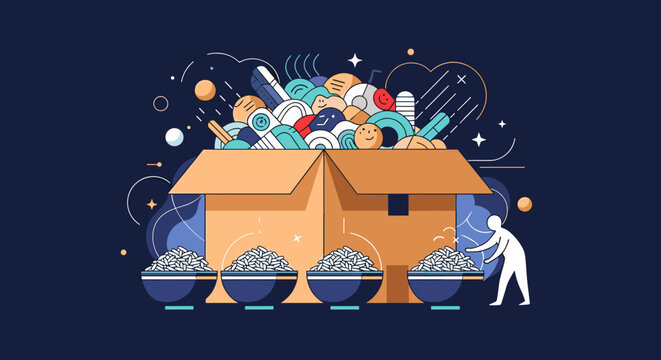 Vast assortment of contents overflowing from a cardboard box into multiple bowls being sorted by a person