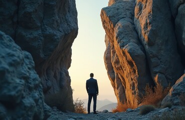 Man in suit stands between rock formations, facing setting sun. Symbol of decision, challenge. Corporate conflict resolution, business challenge concept. Person contemplates future goals, paths,