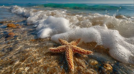 Starfish on Sandy Beach Shoreline with Foamy Wave Approaching