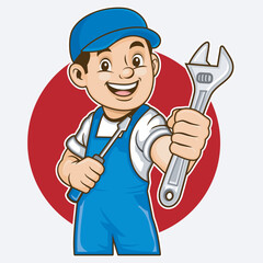 Cartoon Garage Worker in Wearpack with Repair Tools