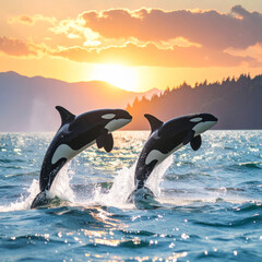 Obraz premium Dramatic Orca Whales Breaching at Sunset Glow