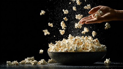 Overhead shot of hand-tossed popcorn falling into bowl, action freeze