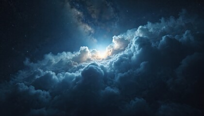 Fototapeta premium Spectacular cosmic cloud formation illuminates vast interstellar space. Luminous bright light pierces through ethereal celestial bodies aglow. Dark night sky boundless dimension, starry panorama.