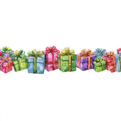 Fototapeta premium Colorful watercolor gift boxes with ribbons in festive row
