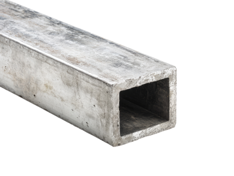 Close-up of a gray metal square tube.  A section of a rectangular hollow structural member, showing the inside void