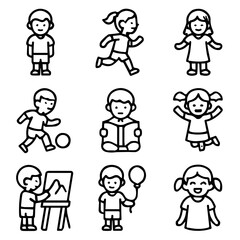 Line art icons of children engaged in various activities and expressions.