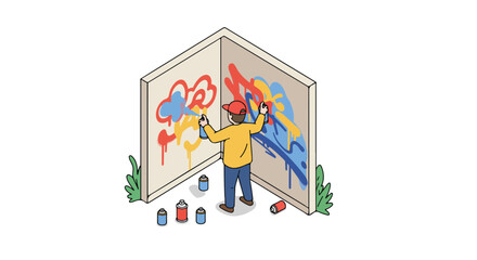 Person painting graffiti on corner wall with foliage nearby, promoting street art