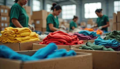 Team of workers sort colorful textile garments in bright warehouse. People in green shirts organize apparel efficiently in boxes for distribution, storage. Focus on teamwork, logistics, fabric