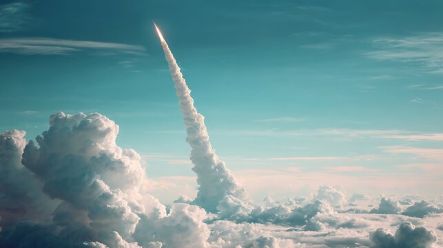 A rocket ascends through cumulus clouds a white contrail marking its trajectory towards the turquoise sky A powerful blastoff and a journey