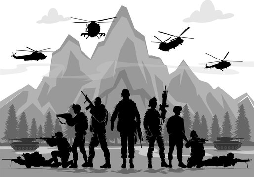Military vector illustrations of aircraft, vehicles, personnel and editable modular infographic elements.