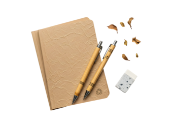 A clean desk with a notebook, pen, and eraser, highlighting a simple and organized workspace for productive endeavors