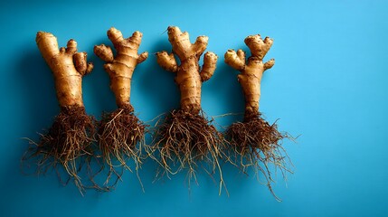 Fresh Ginger Roots Arranged on Blue Surface for Organic Lifestyle