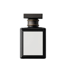 Black rectangular perfume bottle with a blank label.  Dark, elegant, and simple design.  Matte black finish.  Square shape.  Gold accents on cap and neck