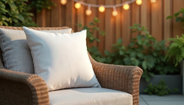 Cozy outdoor patio setting with brown wicker chair, white cushion, throw pillow. Gray patio, wooden fence, string lights. Relaxing atmosphere, warm glow, comfortable seating, patio decor, summer