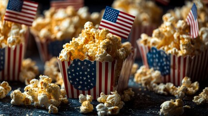 Popcorn with mini American flags for Independence Day snack layout