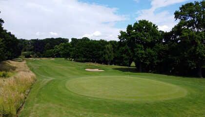 Fototapeta premium Expansive golf course fairway with a well-maintained green, surrounded by lush trees under a partly cloudy sky.