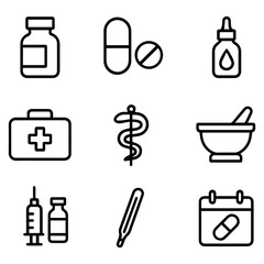 Medical Outline Icons Pill Bottle Capsule First Aid Kit and More.
