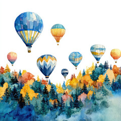 Fototapeta premium Hot air balloons flying over colorful autumn forest landscape