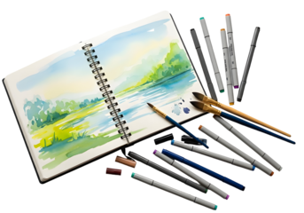 Open sketchbook displaying a vibrant watercolor landscape painting, artfully arranged with diverse brushes and colorful marker pens, inspiring creative pursuits