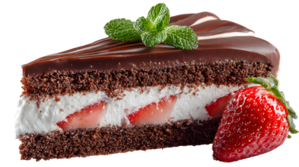 Indulge in Decadence A Slice of Chocolate Cake with Strawberries and Mint Leaves for a Sweet Dessert Treat