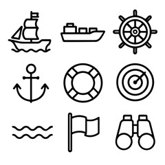 Nautical Icons Sailboat Cargo Ship Wheel Anchor Lifebuoy Radar Waves Flag Binoculars.