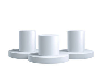 Three white cylindrical podiums, slightly overlapping