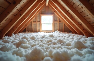 Home attic filled with fluffy cellulose insulation for energy efficiency. Insulation covers floor, rafters, blocking heat transfer. Eco-friendly material improves thermal comfort. Pro installation
