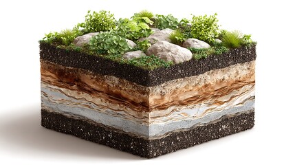 Soil Profile Cross Section with Vegetation, Rocks, and Layered Ground